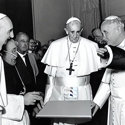 Prompt: the pope opening a box, award winning photo, 1956, colored in photoshop