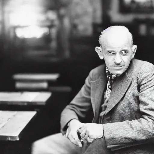 Prompt: photo in the year 1 9 3 5 of a frenchman from france seated in a restaurant. 5 0 mm, studio lighting