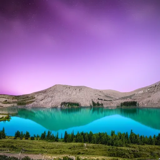 Prompt: Stunning 4K photograph of a lake covered in purple mist. All the stars in the night sky are completely black. The stars are black.