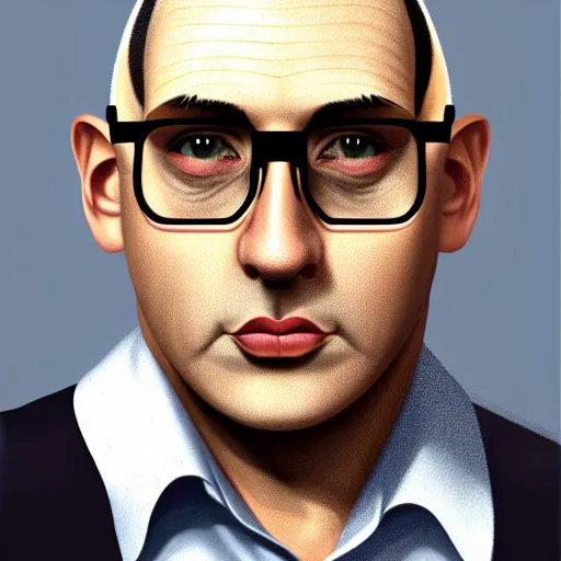 Prompt: 50 year old greying brunette man with very short hair, buzz cut, round face, square face, round jaw, wide chin , romanian, silver silver glasses, romanian heritage, brown eyes, brown eyes, olive skin, round nose, round chin, clean shaven wide face, thin lips, digital art, concept art, cgsociety, painterly, painting, 8k, illustration, painting, dramatic, beautiful, art by loish loish loish, cartoon, stylized painterly, trending on artstation, medium shot, uncropped