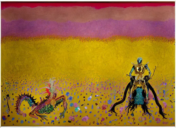 Image similar to expressionistic decollage painting golden armor alien zombie horseman riding on a crystal bone dragon broken rainbow diamond maggot horse in a blossoming meadow full of colorful mushrooms and golden foil toad blobs in a golden sunset, distant forest horizon, painted by Mark Rothko, Helen Frankenthaler, Danny Fox and Hilma af Klint, pixelated, semiabstract, color field painting, byzantine art, voxel art, pop art look, naive, outsider art. Barnett Newman painting, part by Philip Guston and Frank Stella art by Adrian Ghenie, 8k, extreme detail, intricate detail, masterpiece