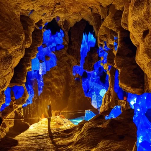 Image similar to rich businessmen inside the cave, blue crystals