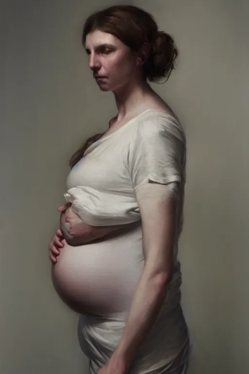 Image similar to pregnant woman in t-shirt by Alyssa Monks, Franz Xaver Winterhalter. full-shot, urban dystopia, hyper realism, realistic proportions, dramatic lighting, high detail 4k