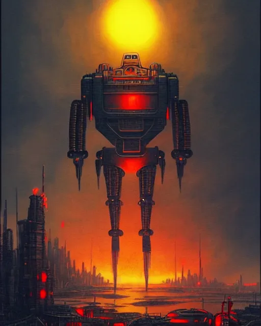 Image similar to giant robot with ominously glowing red eyes stands on top of city that is on fire, concept art, intricate details, highly detailed, in the style of chris foss, rodger dean, moebius, michael whelan, and gustave dore