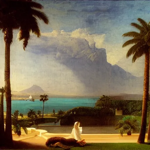 Image similar to The biggest palace ever made, thunderstorm, greek pool, beach and palm trees on the background major arcana sky, by paul delaroche, hyperrealistic 8k, very detailed