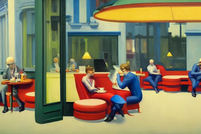 Prompt: hideous cronenberg monsters relaxing at a cafe. a waiter is pouring coffee. one monster is reading a newspaper. painting by edward hopper, 3 d rendering by beeple, 8 k, comfy