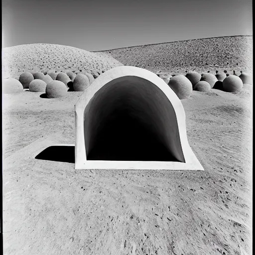 Image similar to a Non-Euclidean orb-like clay building sitting in the desert, vintage photo, beautiful cinematography, blue sky, film grain, extreme wide shot, far away, symmetrical, in the distance, James Turrell