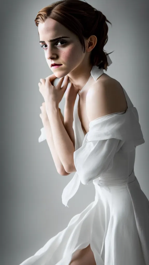Image similar to detailed photo of emma watson cosplaying annie leonhart wearing open toe high heels and wearing a white dress in a white room looking up, beautiful face, pale skin, rule of thirds, cinematic lighting, sharp focus, backlit, stunning, smooth, hard focus, full body shot, studio photo, shot on sony a 7 iii, hyper realistic, camera sony nicon