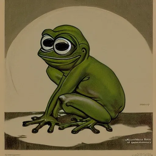 Image similar to pepe the frog gazing at the moon by norman rockwell