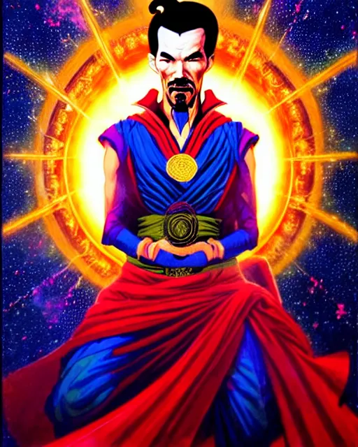 Prompt: a thangka portrait of dr. strange with glow, surrounded with spiriling sparkling flash crystals and galaxies, by jesper ejsing, aleksi briclot, hyper light drifter, by ilya kuvshinov katsuhiro, jim burns, ed emshwiller, greg rutkowski, trending on artstation