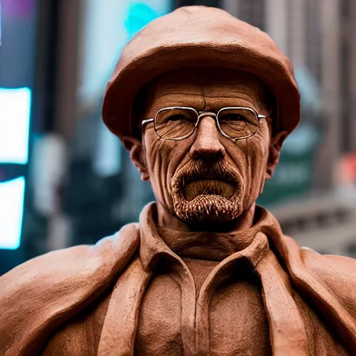 Prompt: a long - shot of a very detailed renaissance clay sculpture of walter white wearing a phrygian cap in times square, made by michelangelo, hyper detailed, sharp focus, 8 k resolution, ray tracing