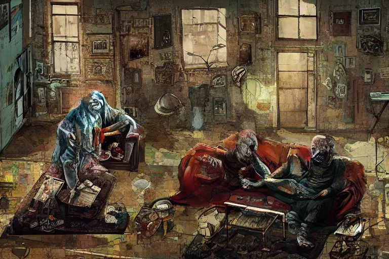 Prompt: old zombie couple on a couch, watching TV, in a small room, small paintings on the wall, light flickering, intricate painting, view from above, wide angle lens, isometric, in the style of mixed media, collage, by Craig Mullins, by Karel Thole, by JC Leyendecker, by Mattias Adolfsson