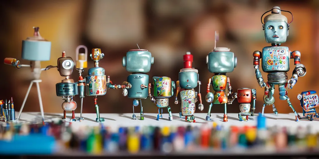 Image similar to closeup portrait of tin toy retro robots painters mixing gouache on white paper table in an artist workshop, depth of field, zeiss lens, detailed, centered, fashion photoshoot, by nicoletta ceccoli, mark ryden, lostfish, breathtaking, 8 k resolution, extremely detailed, beautiful, establishing shot, artistic, hyperrealistic, octane render