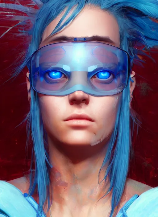 Image similar to beautiful young cyberpunk girl with blue hair, blue eyes, au naturel, hyper detailed, digital art, trending in artstation, cinematic lighting, studio quality, smooth render, fluorescent skin, unreal engine 5 rendered, octane rendered, art style by klimt and nixeu and ian sprigger and wlop and krenz cushart