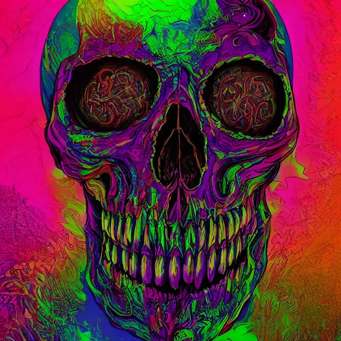 Prompt: portrait of a psychedelic skull. razor sharp teeth. infected with zombie virus. intricate abstract. intricate artwork. nightmare fuel. by Tooth Wu, wlop, beeple, dan mumford. octane render, trending on artstation, greg rutkowski very coherent symmetrical artwork. cinematic, hyper realism, high detail, octane render, 8k, iridescent accents