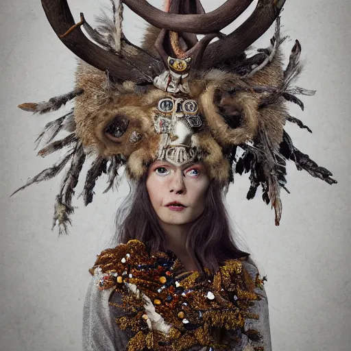 Image similar to hyperrealistic mixed media portrait portrait of a anthropomorphic norse mythology mimosa, wearing furry clothes and artifact head gear made of deer horn and skull bones embaded with jewels in the style of heilung an experimental folk music band, elegant, highly detailed, hyper realism, 4k, DSLR, artstation, smooth, sharp focus, octane render, 3d, good clear quality, lighting, biology, symmetrical artwork, perfect face, high detail, octane render W 832