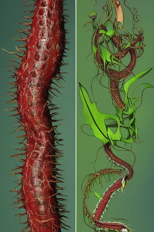 Prompt: a carnivorous plant with a long vine and the head of an alligator, vicious snapping alligator plant, side view of a plant showing roots stem and bud