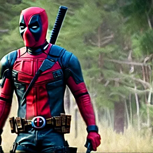 Image similar to film still, Bob Ross in deadpool suit