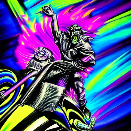 Image similar to psychedelic blacklight airbrush artwork, hyper stylized action shot of an orc biker riding a motorcycle, clear focused details, radical 9 0 s, soft airbrushed edges and gradients on a black background