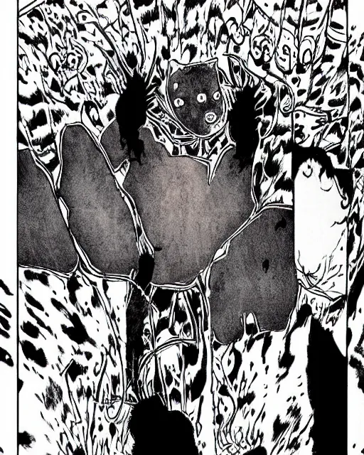 Prompt: junji ito's, 'huge black cat', manga, panel
