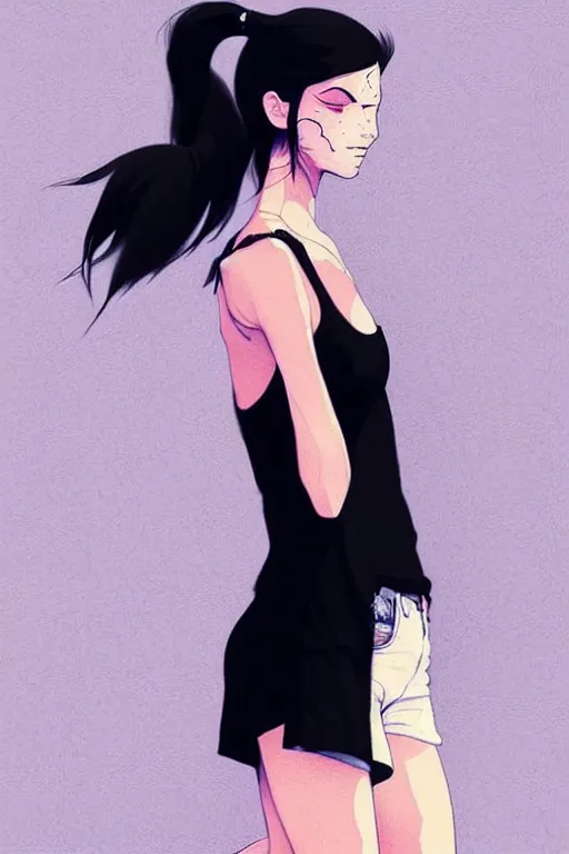 Image similar to a ultradetailed beautiful full body painting of a stylish woman with a ponytail, she is wearing a black tank top and jeans, by conrad roset, greg rutkowski and makoto shinkai trending on artstation