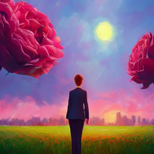 Image similar to giant rose flower head, frontal, girl in a suit, surreal photography, sunrise, dramatic light, impressionist painting, digital painting, artstation, simon stalenhag