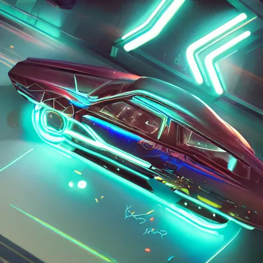 Prompt: vaporwave, car with holographic paint, pearlescent, elegant, digital painting, concept art, smooth, sharp focus, art style from Wang Ke and Greg Rutkowski and Bruce Kaiser and Scott Robertson and Dmitry Mazurkevich and Doruk Erdem and Jon Sibal, small style cue from Cyberpunk 2077