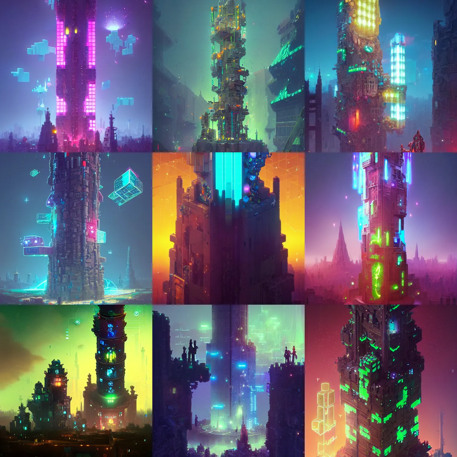 Prompt: a tower with walls showing stars, glowing neon tetris pieces floating around, by peter mohrbacher dan mumford craig mullins nekro, cgsociety, pixiv, volumetric light, 3 d render