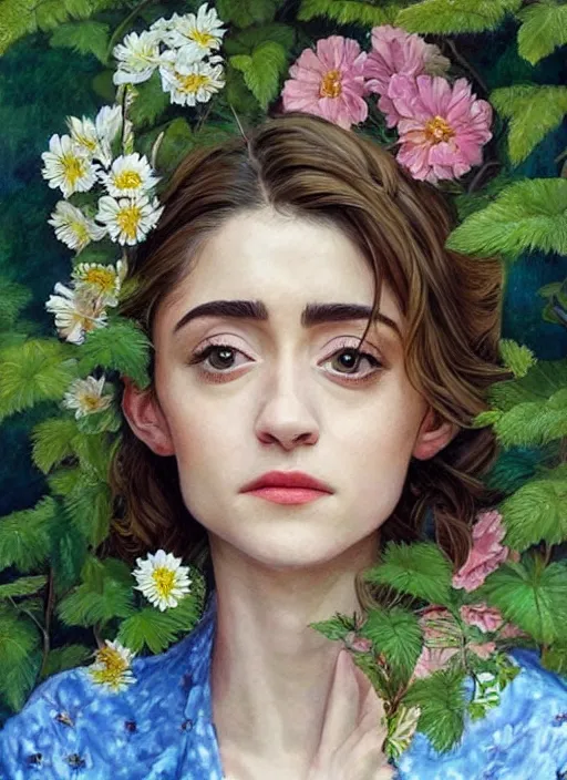 Image similar to a beautiful portrait of Natalia Dyer sitting in a stunning garden, Artgerm, hyperdetailed, realistic