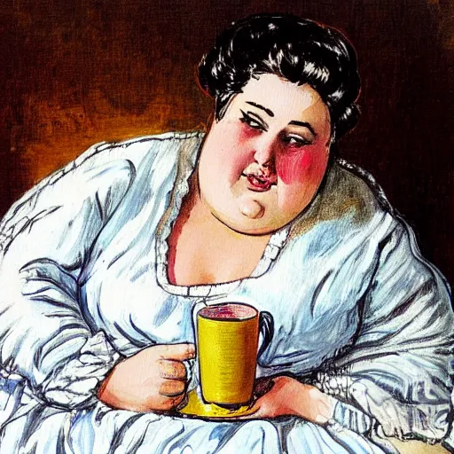 Image similar to a beautiful painting of a beautiful fat woman wearing a nightgown drinking coffee in a bed with white sheets in the style of in the style of Telous Lautrec