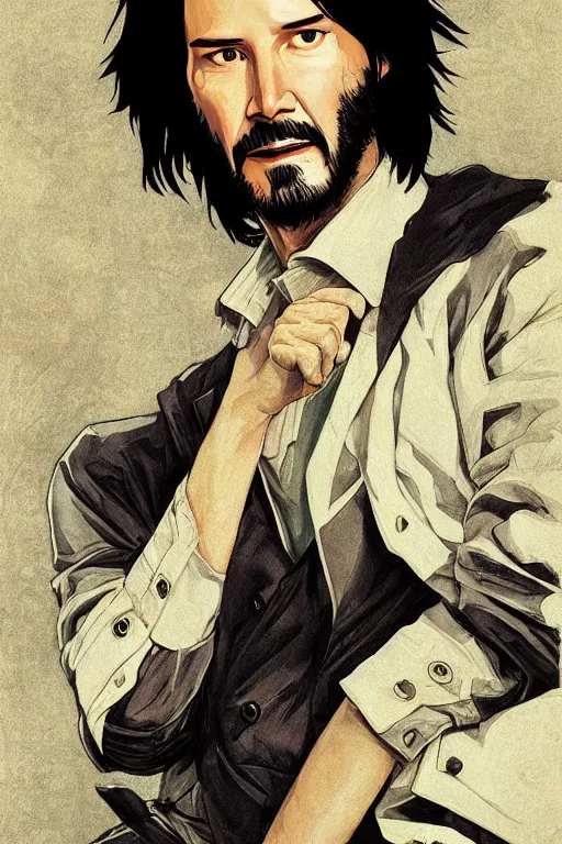 Prompt: Portrait of Keanu Reeves in the style of JoJo's Bizarre Adventure by Hirohiko Araki, rugged beard, long dark hair, beautiful bone structure, intricate, elegant, realistic face, highly detailed, digital painting, artstation, concept art, smooth, sharp focus, manga illustration, art by artgerm and greg rutkowski and alphonse mucha