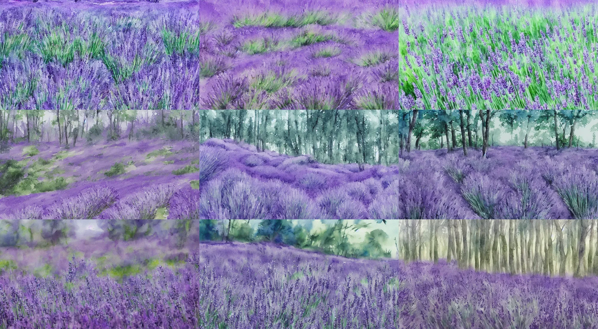 Prompt: Lavender forest, high quality watercolors, award winning, trending on ArtStation