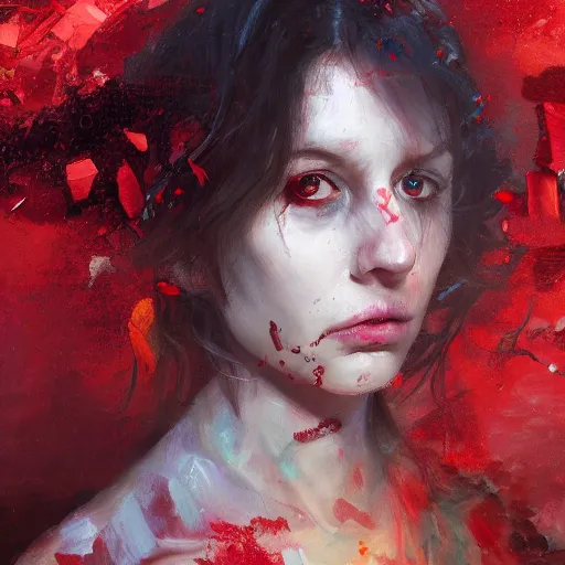 Prompt: a portrait of an intensely lit disoriented female, shattered, red, oil painting, pale colors, high detail, 8 k, wide angle, trending on artstation,