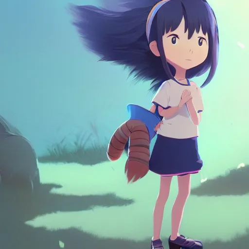 Image similar to a wholesome animation key shot of a girl with a raccoon tail and long dark blue hair, medium shot, studio ghibli, pixar and disney animation, sharp, rendered in unreal engine 5, anime key art by greg rutkowski, bloom, dramatic lighting, trending on artstation