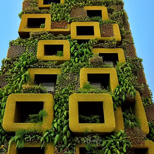 Image similar to “building made of plants designed by MC Escher and Zdzislaw Beksiński, photography, architecture, brutalism, 8k resolution, highly detailed, HDR, golden hour”