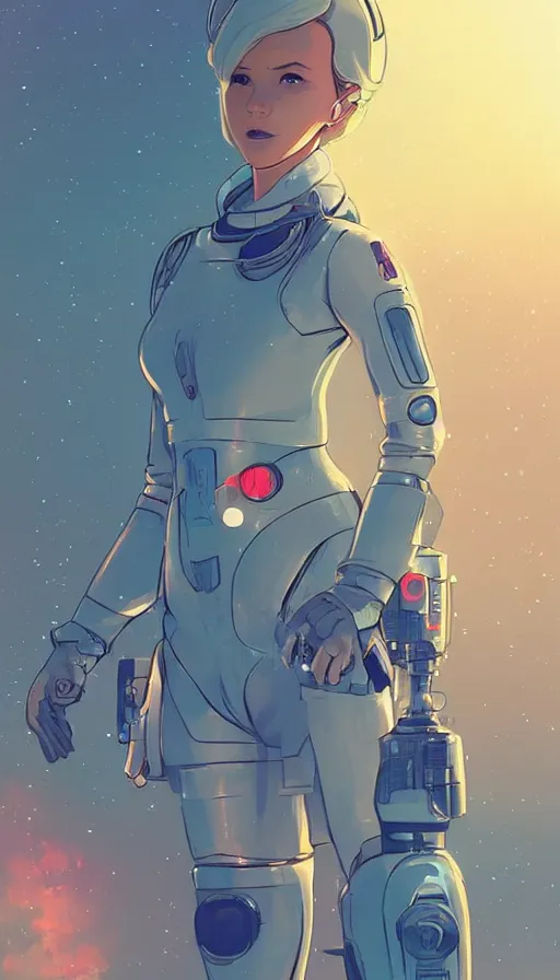 Prompt: Princess Rosalina in a scifi futuristic space suit by Ilya Kuvshinov, concept art background by Laurie Greasley, trending on artstation