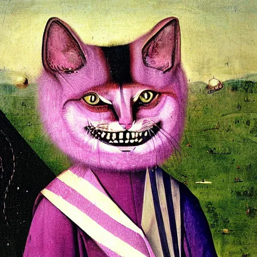 Image similar to portrait of the cat of cheshire bosch with pink and purple striped fur and a huge malicious smile by hieronymus bosch. oil on wood