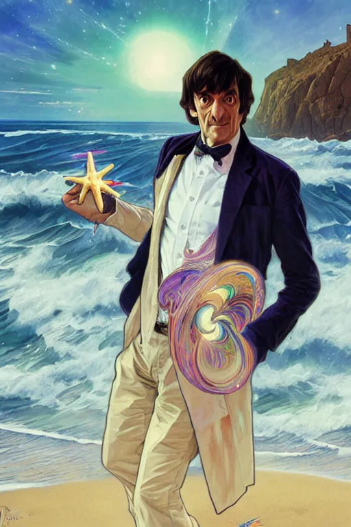 Image similar to the doctor who, patrick troughton on a beach, the ocean in the background, swirling colourful stars in the background, art by artgerm and greg rutkowski and alphonse mucha