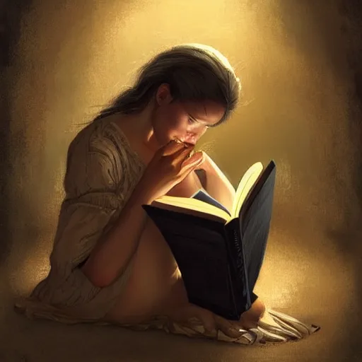 Image similar to village girl reading a book, cinematic, intricate, elegant, highly detailed, digital painting, artstation, concept art, smooth, sharp, focus, illustration, art by artgerm and Johfra Bosschart