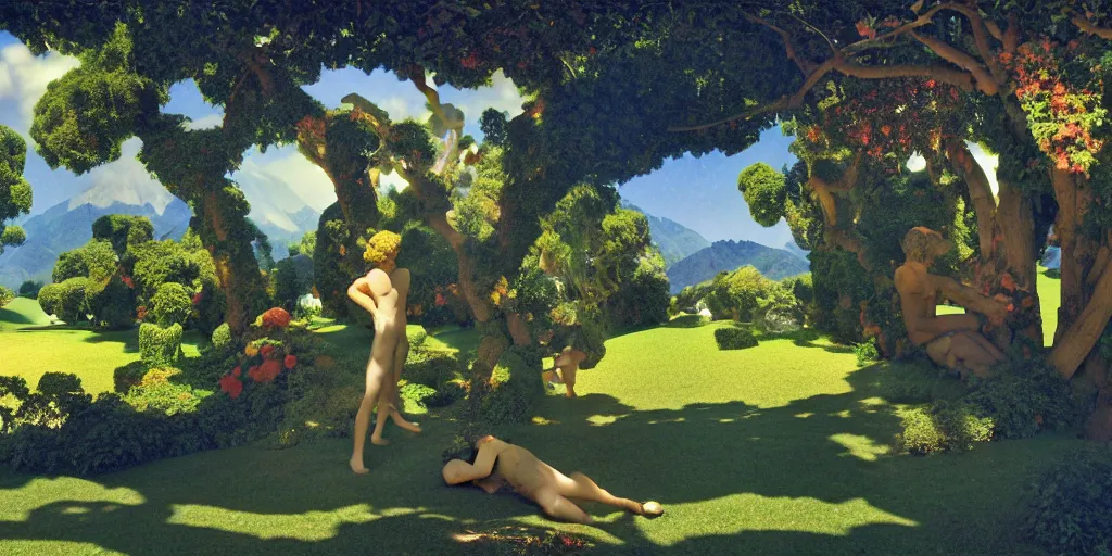 Image similar to !dream a landscape of the Garden of Eden by Maxfield Parrish, digital art 8k