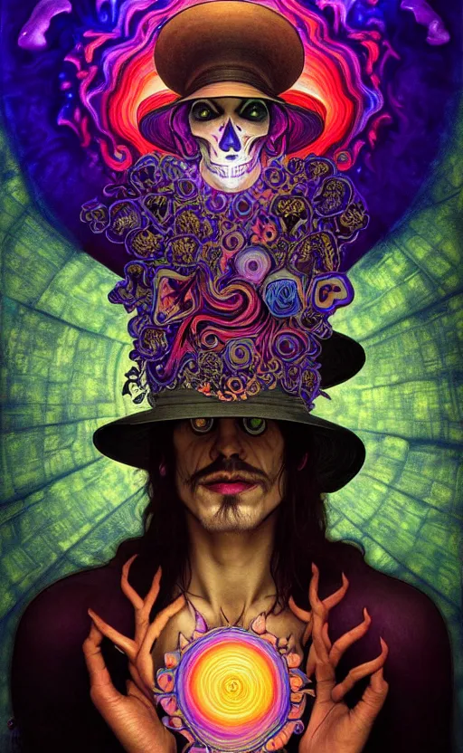 Image similar to An extremely psychedelic celestial undertaker in his black fedora hat, colorful, surreal, dramatic lighting, magic mushrooms, psilocybin, LSD, face, detailed, intricate, elegant, highly detailed, digital painting, artstation, concept art, smooth, sharp focus, illustration, art by Krenz Cushart and Artem Demura and alphonse mucha