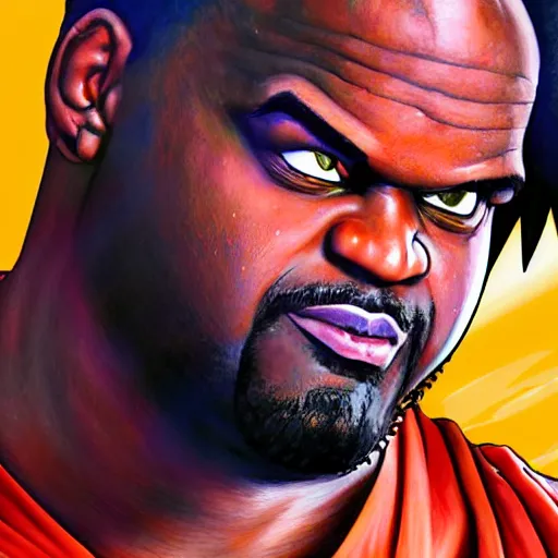 Prompt: ultra realistic portrait painting of shaquille o'neal as goku, art by akira toriyama, 4 k, dragon ball artstyle, cel shaded, highly detailed, epic lighting