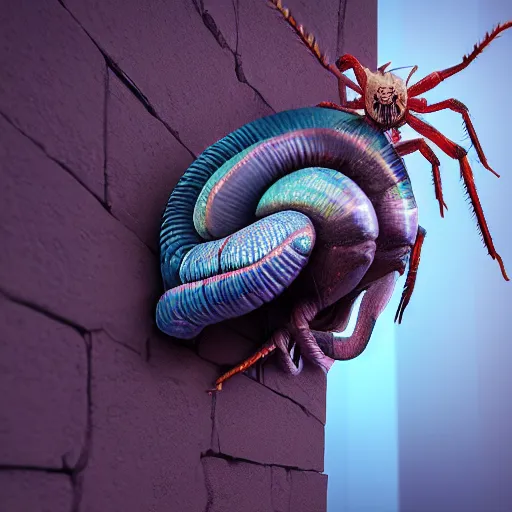 Prompt: a hybrid creature, half snail half spider, climbing a wall, trending in artstation, octane Render