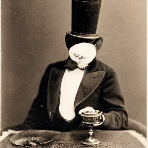 Prompt: a classy cat with a top hat sitting on a antique table and drinking his tea, 1 8 9 0 vintage photo