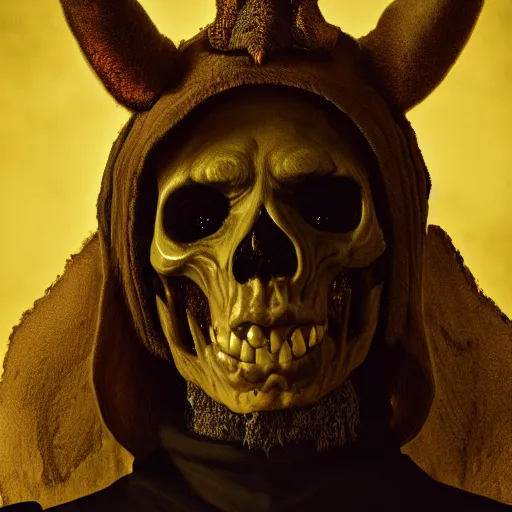 Image similar to portrait of the monster with the dear skull mask, wearing the robes, photography, highly detailed, crows eyes, gloom yellow-brown lights, 8k, artstation