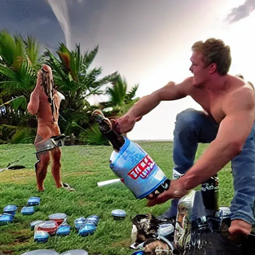 Image similar to thor smashing beer cans on an alien beach