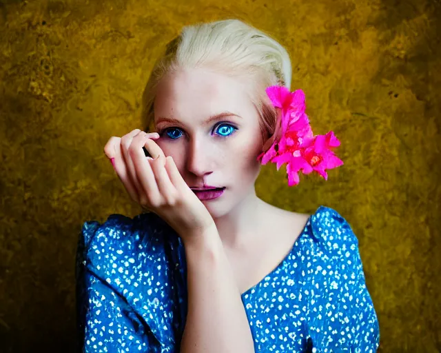 Image similar to pale young woman with bright blonde hair, freckles, blue eyes and a wide face, flowery dress, using a professional slr camera close to her face, dramatic lighting, bright flare, surreal art by anna nikonova