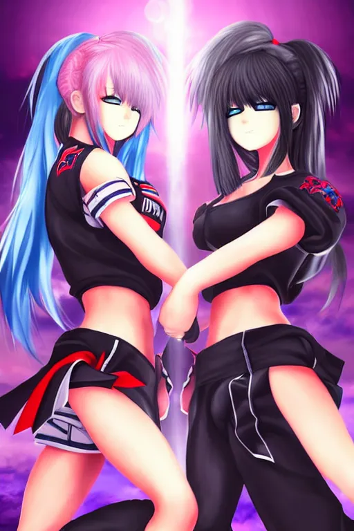 Prompt: two beautiful female fighters with short twintails facing each other, gorgeous features, dark background, detailed anime art