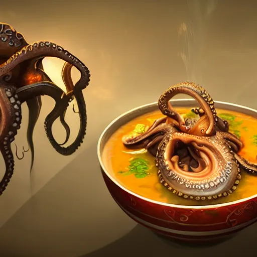 Prompt: a flying octopus cooking soup, stirring a pot with a ladle and cutting vegetables, fantasy illustration, trending on artstation, very realistic, 4k, unreal engine