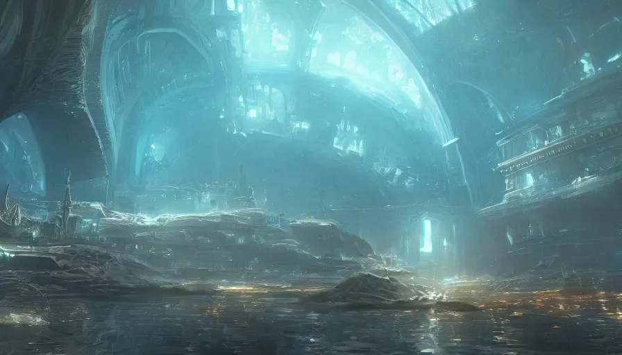 Image similar to Concept art of a luminous underwater city under a dome protecting it, hyperdetailed, artstation, cgsociety, 8k